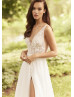 V Neck Ivory Lace Organza Slit Flowing Wedding Dress